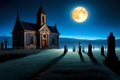 Old church and cemetery by the light of the full Moon Royalty Free Stock Photo