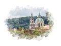 Old church and chapel, view of prague, digital watercolor
