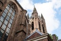 Old church of Delft. Low angle view of Tower clock Royalty Free Stock Photo