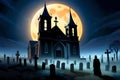 Old church with graveyard at Halloween night Royalty Free Stock Photo