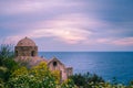 Old church inside the castle of Monemvasia overlooking the endless blue of aegean sea Royalty Free Stock Photo