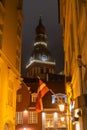 Old church at night. Riga Old Town, Latvia. Royalty Free Stock Photo