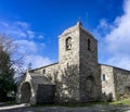 Pre-Romanesque church of Santa Maria la Real from the 9th century. O Cebreiro, Lugo, Spain. Royalty Free Stock Photo