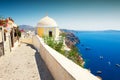 Old church on Santorini island, Greece. Summer landscape, sea view Royalty Free Stock Photo