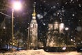 Old church in winter at night Royalty Free Stock Photo