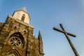 old church, old wooden cross against the sky Royalty Free Stock Photo