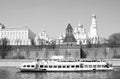 Old churches of Moscow Kremlin. Cruise ship sails on the Moscow river. Royalty Free Stock Photo