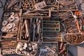 old circles on the saw. close-up showing old rusty metal and brass parts in bulk for decoration