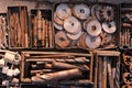 old circles on the saw. close-up showing old rusty metal and brass parts in bulk for decoration