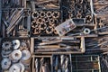 old circles on the saw. close-up showing old rusty metal and brass parts in bulk for decoration