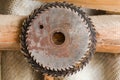 Old circular saw blades for cutting wood hanging on a wall Royalty Free Stock Photo