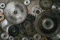 Old circular saw blades and emery wheels on wooden table, closeup, top view. Carpentry tools, sawing and grinding equipment Royalty Free Stock Photo