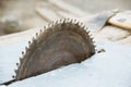 Old Circular saw. Carpentry. Background of wood and ax