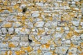 Texture of old citadel wall with dark yellow/brown lichens and a couple of holes used for defense in the middle ages.