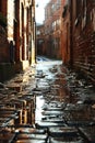 Old city alley, brick walls, early morning light, puddles on ground, perspective shot, historic charm