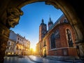 Old city view with St. Mary`s Basilica in Krakow, Poland. Night view Royalty Free Stock Photo