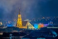 The old city of Cluj-Napoca with the Franciscan Church and St. Michael`s Church viewed from Cetatuia Park at night in Cluj-Napoca Royalty Free Stock Photo