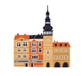 Old city hall with clock tower and belfries in Ostrava. Famous Czech building. Colored flat vector illustration of