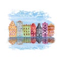 Old city illustration with watercolor hand drawn old european houses and reflections in the water