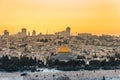 Old city of Jerusalem on the temple mount under beautiful sunset in the evening with golden dome of the rock, sunset view from the Royalty Free Stock Photo