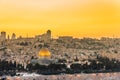 Old city of Jerusalem on the temple mount under beautiful sunset in the evening with golden dome of the rock, sunset view from the Royalty Free Stock Photo