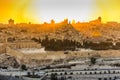 Old city of Jerusalem on the temple mount under golden sunset in the evening with golden dome of the rock, Al-aqsa mosque, sunset Royalty Free Stock Photo