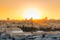 Old city of Jerusalem on the temple mount under golden sunset in the evening with golden dome of the rock, Al-aqsa mosque, sunset Royalty Free Stock Photo