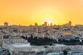 Old city of Jerusalem on the temple mount under golden sunset in the evening with golden dome of the rock, Al-aqsa mosque, sunset Royalty Free Stock Photo