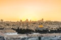 Old city of Jerusalem on the temple mount under golden sunset in the evening with golden dome of the rock, Al-aqsa mosque, sunset Royalty Free Stock Photo