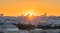 Old city of Jerusalem on the temple mount under golden sunset in the evening with golden dome of the rock, Al-aqsa mosque, sunset Royalty Free Stock Photo