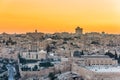 Old city of Jerusalem on the temple mount under golden sunset in the evening with golden dome of the rock, Al-aqsa mosque, view Royalty Free Stock Photo