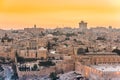 Old city of Jerusalem on the temple mount under golden sunset in the evening with golden dome of the rock, Al-aqsa mosque, view Royalty Free Stock Photo