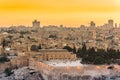 Old city of Jerusalem on the temple mount under golden sunset in the evening with golden dome of the rock, Al-aqsa mosque, view Royalty Free Stock Photo