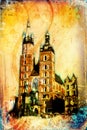 Old city Krakow art illustration retro vintage
