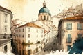 Old city in Lisbon drawing with bit of watercolour Royalty Free Stock Photo
