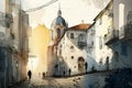 Old city in Lisbon drawing with bit of watercolour Royalty Free Stock Photo