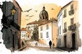 Old city in Lisbon drawing with bit of watercolour Royalty Free Stock Photo