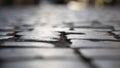 Old city paving stones with depressions between the stones, close-up, selective focus, dark tone.