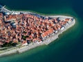 Old city Piran in Slovenia, aerial top morning view.