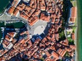 Old city Piran in Slovenia, aerial view of Tartini Square, St. George`s Parish Church and marina Royalty Free Stock Photo