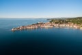 Old city Piran in Slovenia, bird`s eye view. Aerial photo Royalty Free Stock Photo