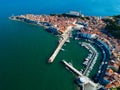 Old city Piran in Slovenia, aerial morning view.