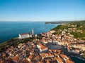 Old city Piran and Tartini Square, bird`s eye view. Aerial photo. Royalty Free Stock Photo