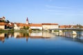 Old city Ptuj with castle and a reflection in river Drava. Royalty Free Stock Photo