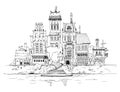 Old city on the river side. Sketch collection