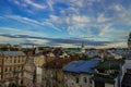 Old city roof top aerial landmark view photography in Lviv Ukraine with historical buildings and vivid blue sky in evening time Royalty Free Stock Photo