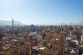 The Old City of Sana'a, decorated houses, palace, minarets and the Saleh Mosque in the fog, Yemen Royalty Free Stock Photo