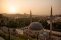 Old city of Sanliurfa, Turkey. Mevlidi Halil Cami mosque and minarets at dusk. Royalty Free Stock Photo