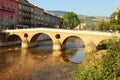 The old city of Sarajevo with bridge over the river Miljacka. Royalty Free Stock Photo