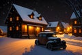 old city snow classic car dark wooden house night low light at night time